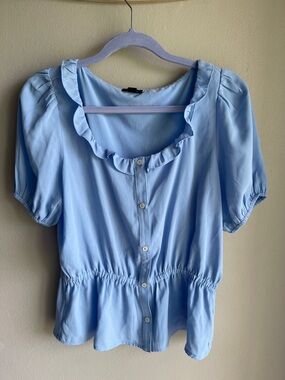 Ann Taylor Light Blue Ruffle-Trim Button Front Blouse